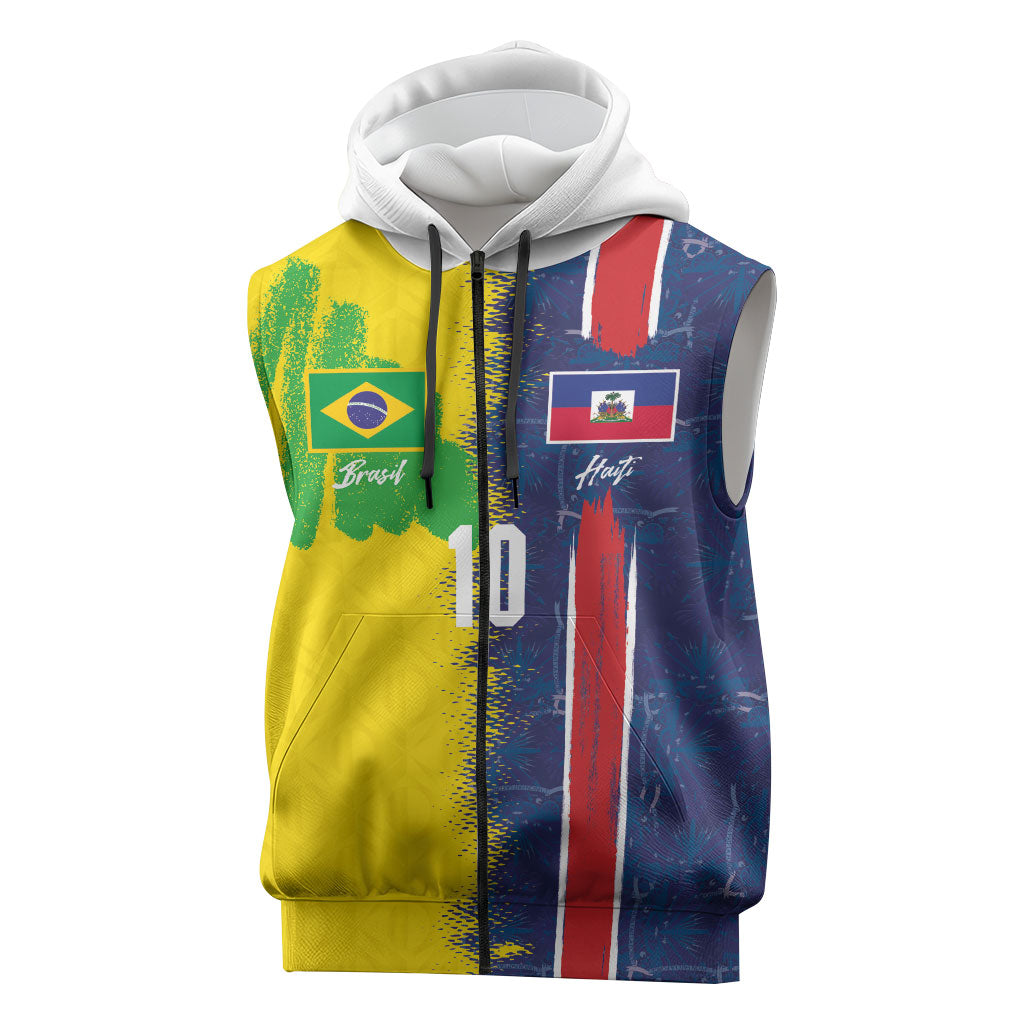 Haiti and Brazil Football Custom Sleeveless Zip Hoodie Splash Half Split