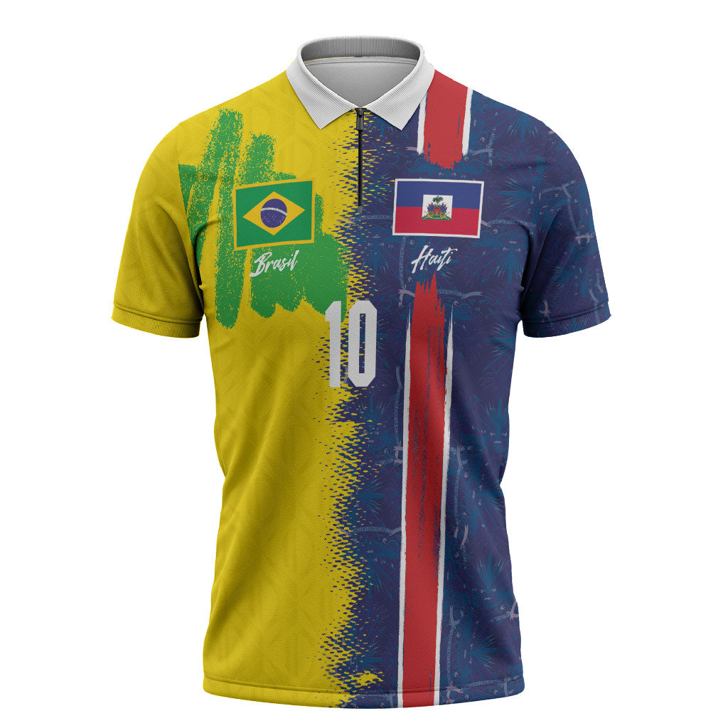 Haiti and Brazil Football Custom Zipper Polo Shirt Splash Half Split
