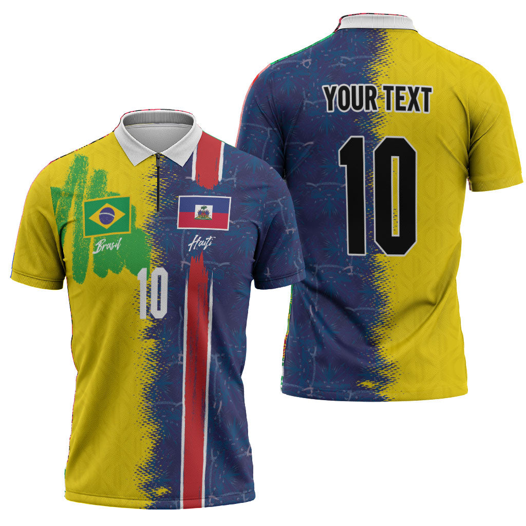 Haiti and Brazil Football Custom Zipper Polo Shirt Splash Half Split
