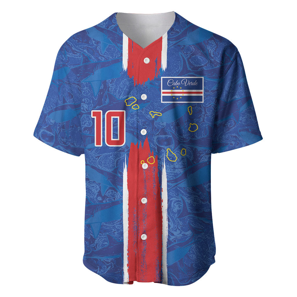 Cabo Verde Custom Baseball Jersey Paint Brush Stroke Shark Pattern Map Design