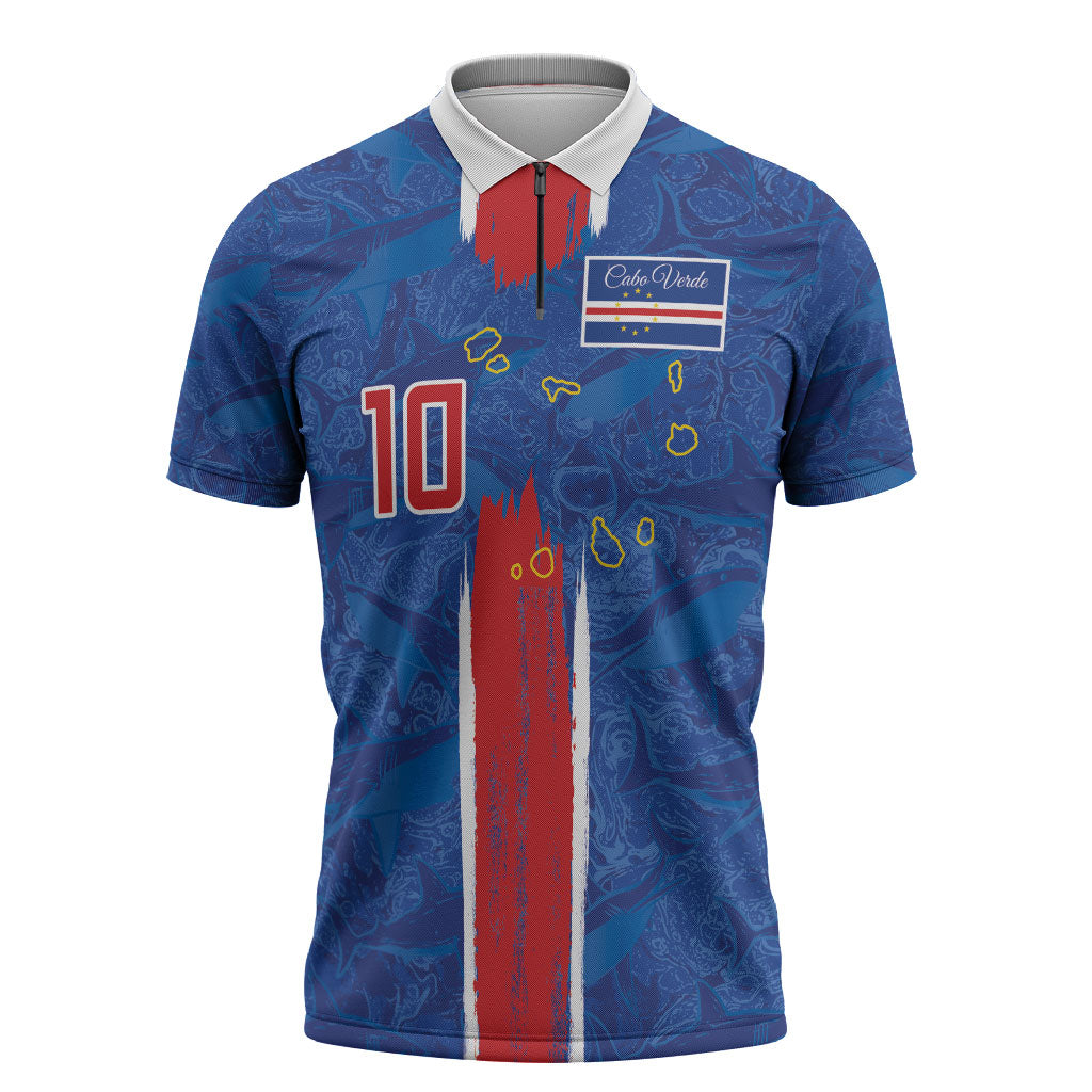 Cabo Verde Custom Zipper Polo Shirt Paint Brush Stroke Shark Pattern Map Design