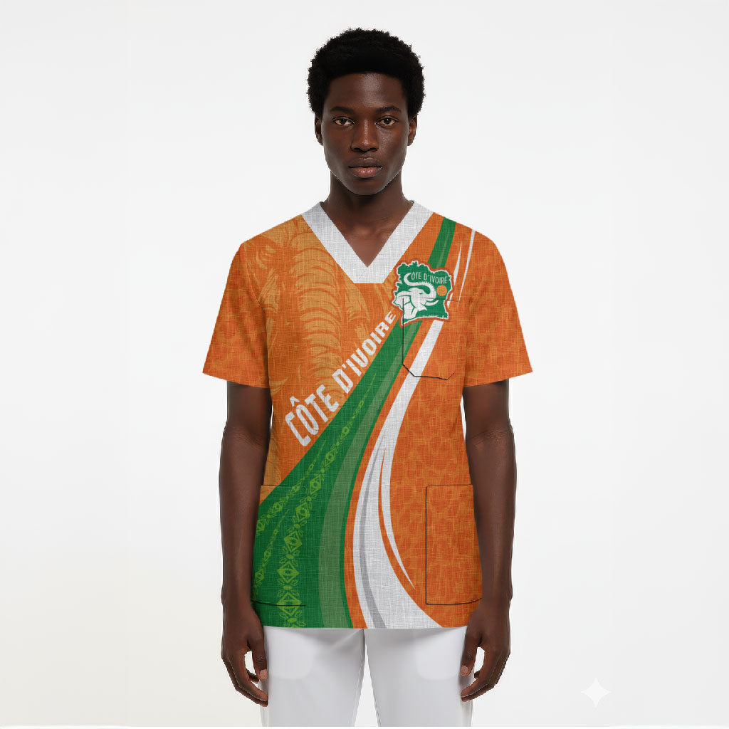 Cote D'Ivoire Football Custom Scrub Top Abstract Wave Pattern Tribal Sporty Style