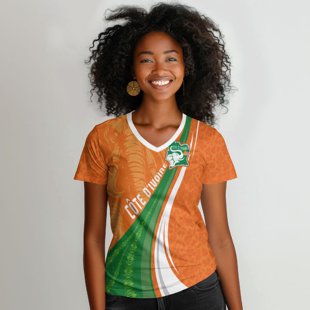 Cote D'Ivoire Football Custom Women V-Neck T-Shirt Abstract Wave Pattern Tribal Sporty Style
