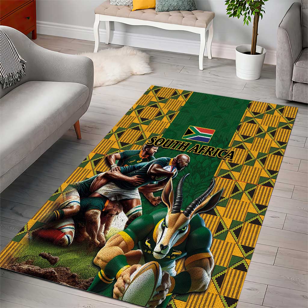 South Africa Rugby Area Rug - Springbok Mascot, Players Fighting for Victory