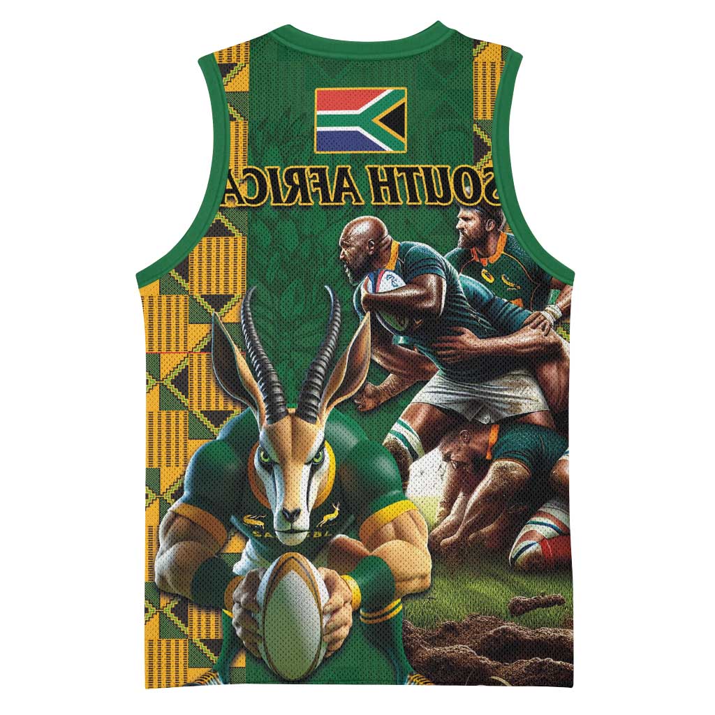 South Africa Rugby Basketball Jersey - Springbok Mascot, Players Fighting for Victory - African Pride