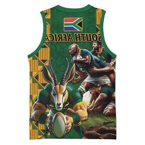 South Africa Rugby Basketball Jersey - Springbok Mascot, Players Fighting for Victory - African Pride