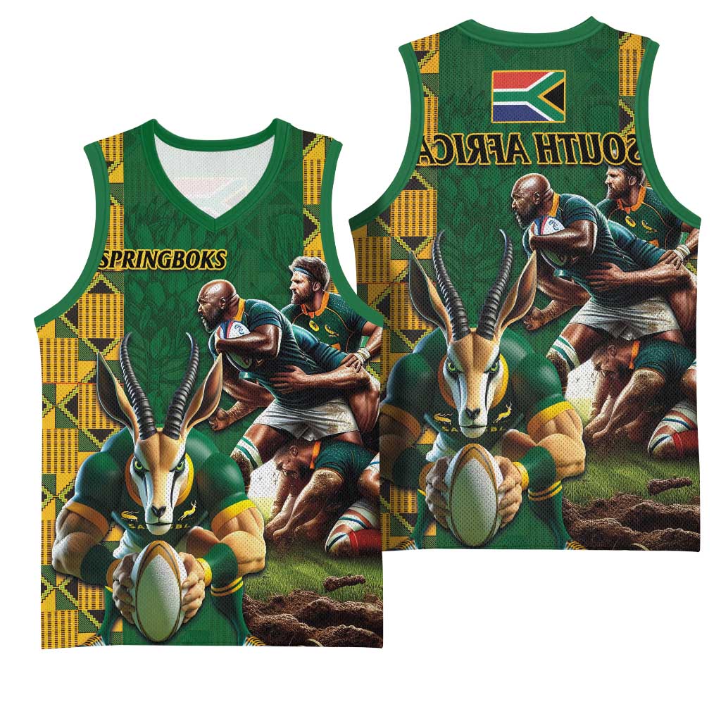South Africa Rugby Basketball Jersey - Springbok Mascot, Players Fighting for Victory - African Pride