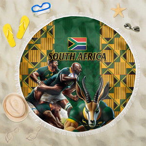 South Africa Rugby Beach Blanket - Springbok Mascot, Players Fighting for Victory