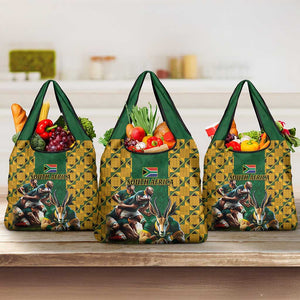 South Africa Rugby Grocery Bag - Springbok Mascot, Players Fighting for Victory