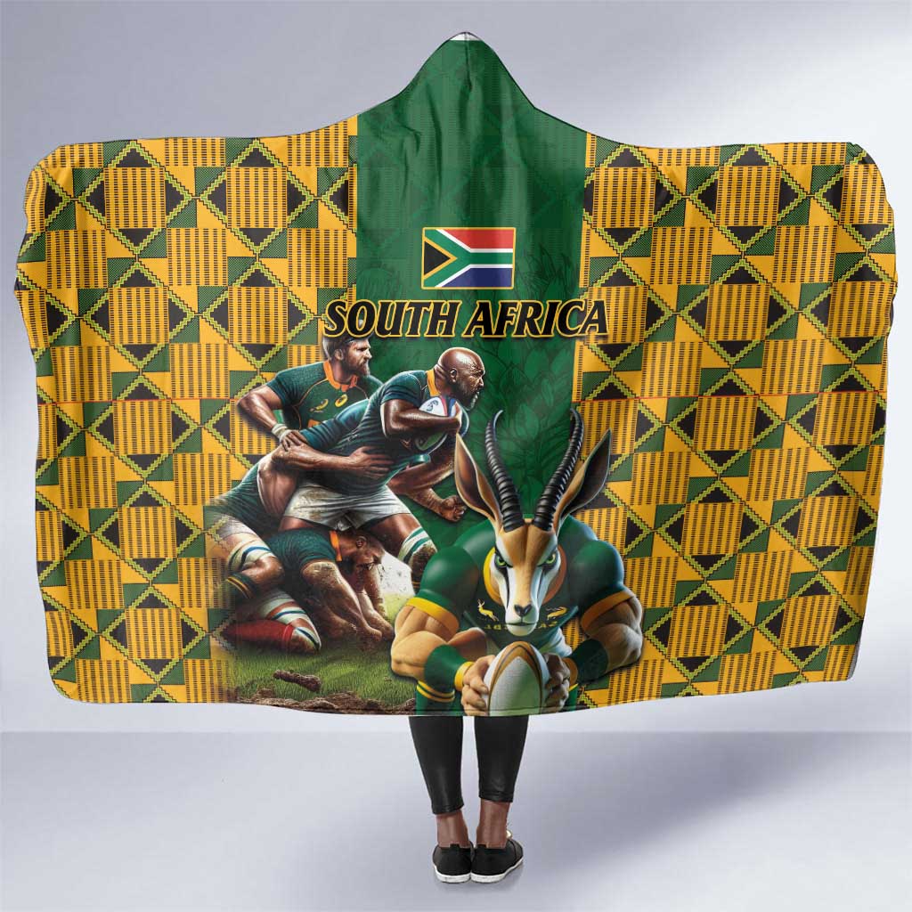 South Africa Rugby Hooded Blanket - Springbok Mascot, Players Fighting for Victory