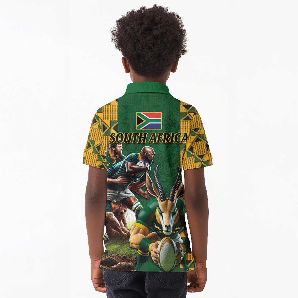 South Africa Rugby Kid Polo Shirt - Springbok Mascot, Players Fighting for Victory