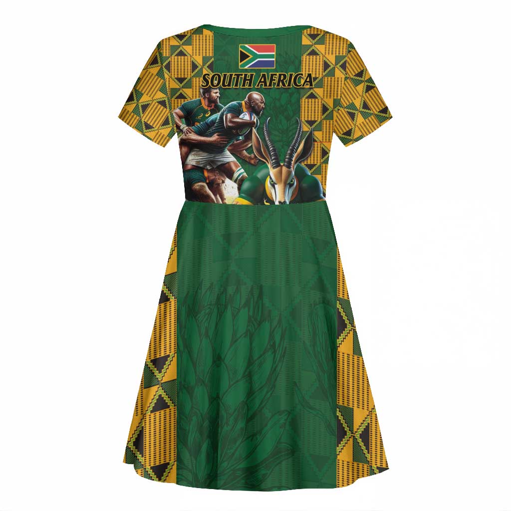 South Africa Rugby Kid Short Sleeve Dress - Springbok Mascot, Players Fighting for Victory