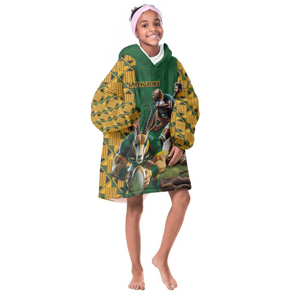 South Africa Rugby KId Wearable Blanket Hoodie - Springbok Mascot, Players Fighting for Victory