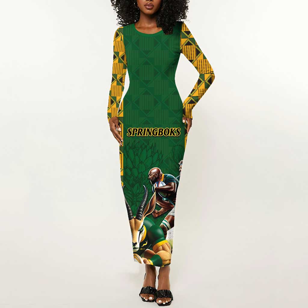 South Africa Rugby Long Sleeve Bodycon Dress - Springbok Mascot, Players Fighting for Victory LT03