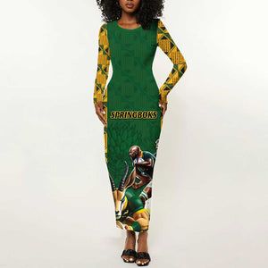 South Africa Rugby Long Sleeve Bodycon Dress - Springbok Mascot, Players Fighting for Victory LT03