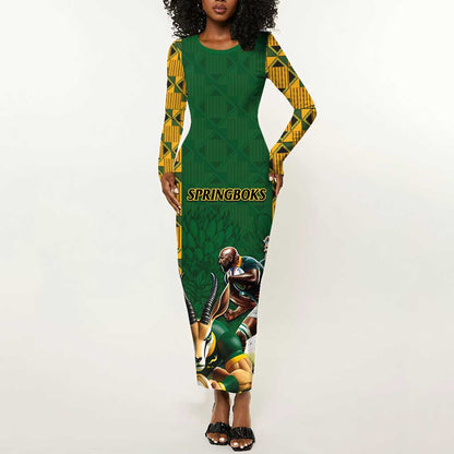 South Africa Rugby Long Sleeve Bodycon Dress - Springbok Mascot, Players Fighting for Victory LT03