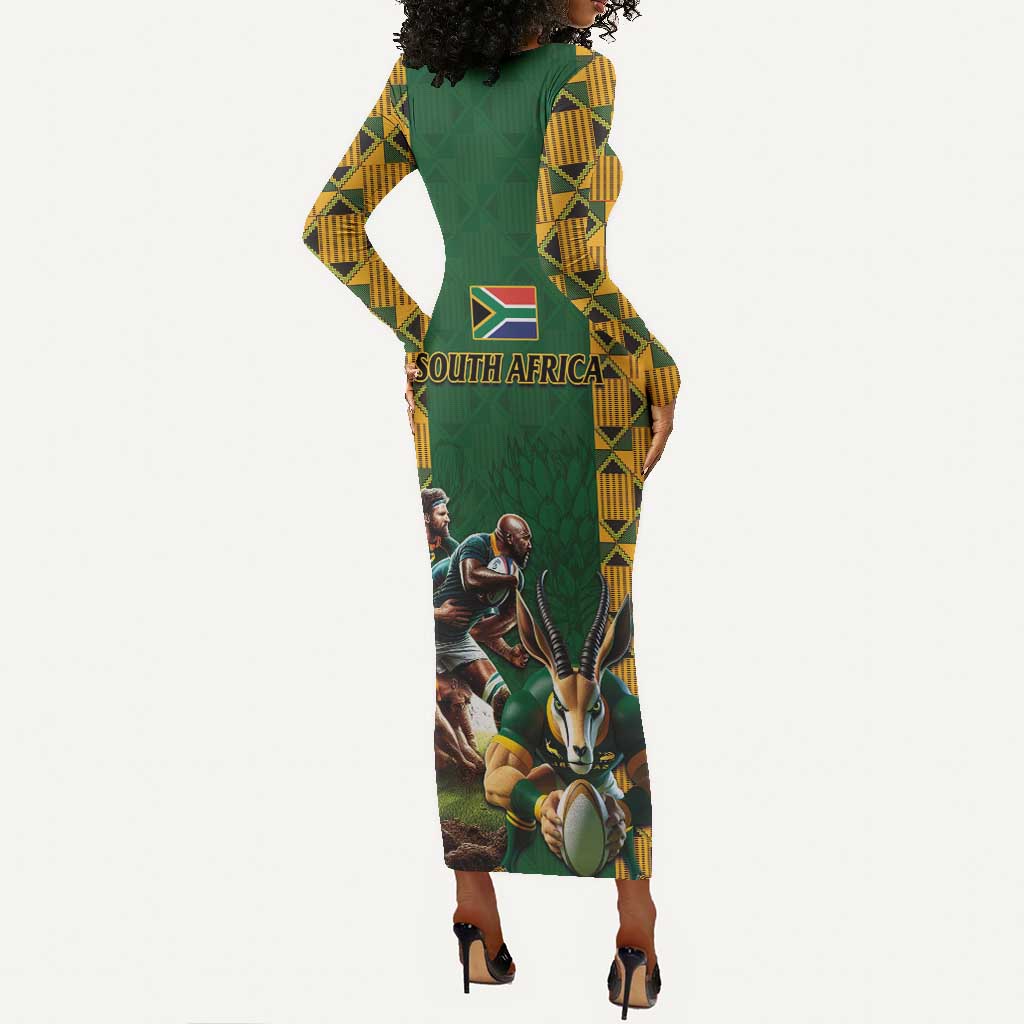 South Africa Rugby Long Sleeve Bodycon Dress - Springbok Mascot, Players Fighting for Victory LT03