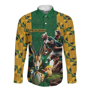 South Africa Rugby Long Sleeve Button Shirt - Springbok Mascot, Players Fighting for Victory