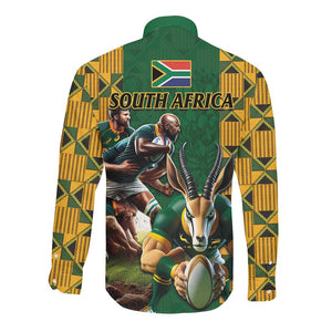 South Africa Rugby Long Sleeve Button Shirt - Springbok Mascot, Players Fighting for Victory
