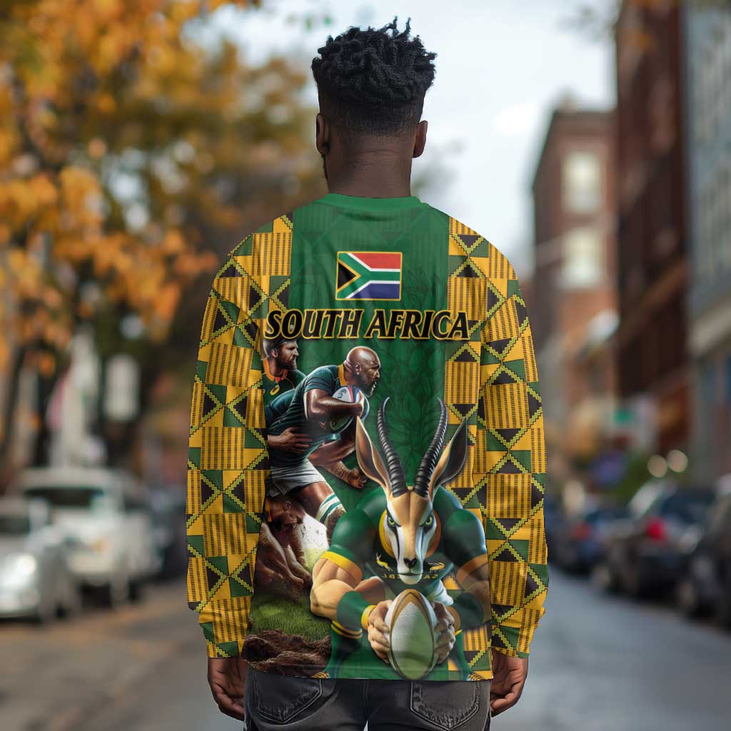 South Africa Rugby Long Sleeve Shirt - Springbok Mascot, Players Fighting for Victory LT03