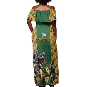 South Africa Rugby Off Shoulder Maxi Dress - Springbok Mascot, Players Fighting for Victory
