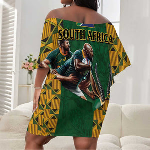 South Africa Rugby Off Shoulder Short Dress - Springbok Mascot, Players Fighting for Victory