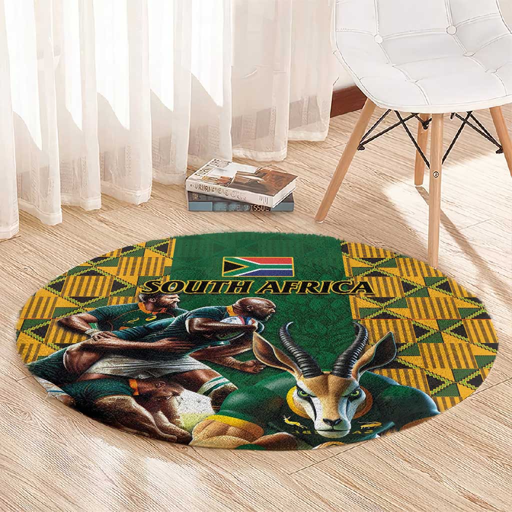 South Africa Rugby Round Carpet - Springbok Mascot, Players Fighting for Victory