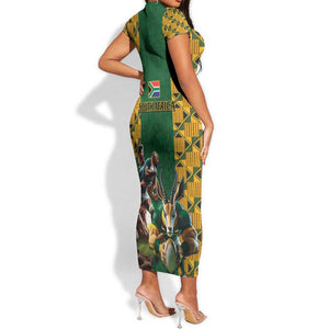 South Africa Rugby Short Sleeve Bodycon Dress - Springbok Mascot, Players Fighting for Victory LT03