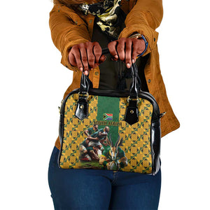 South Africa Rugby Shoulder Handbag - Springbok Mascot, Players Fighting for Victory