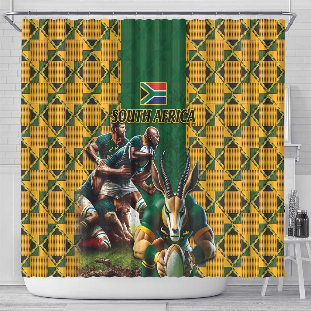 South Africa Rugby Shower Curtain - Springbok Mascot, Players Fighting for Victory