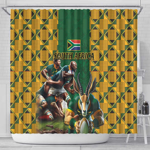 South Africa Rugby Shower Curtain - Springbok Mascot, Players Fighting for Victory