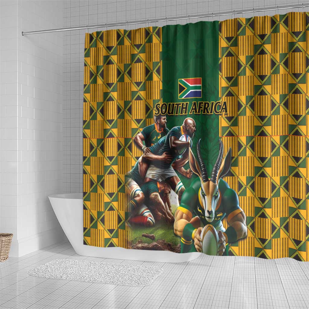 South Africa Rugby Shower Curtain - Springbok Mascot, Players Fighting for Victory