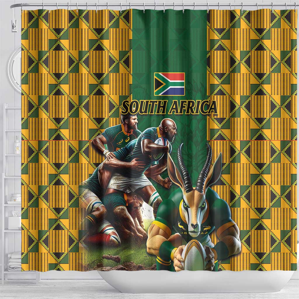 South Africa Rugby Shower Curtain - Springbok Mascot, Players Fighting for Victory