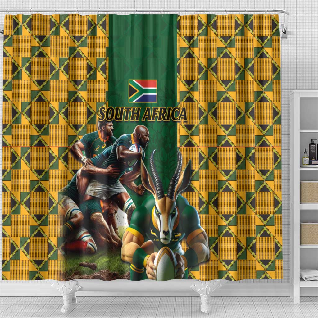 South Africa Rugby Shower Curtain - Springbok Mascot, Players Fighting for Victory