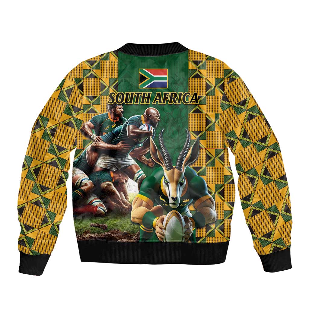 South Africa Rugby Sleeve Zip Bomber Jacket - Springbok Mascot, Players Fighting for Victory
