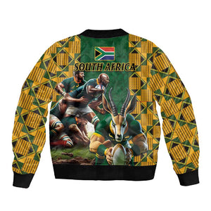 South Africa Rugby Sleeve Zip Bomber Jacket - Springbok Mascot, Players Fighting for Victory