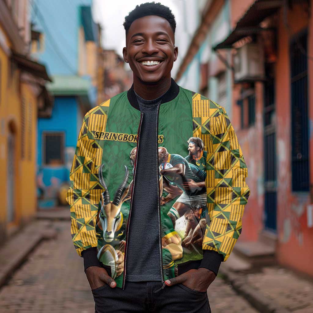 South Africa Rugby Sleeve Zip Bomber Jacket - Springbok Mascot, Players Fighting for Victory