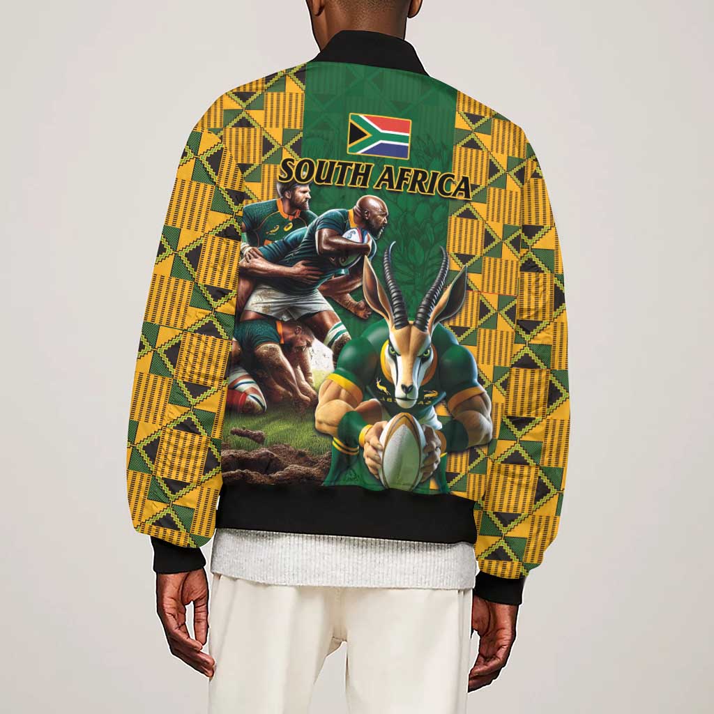South Africa Rugby Sleeve Zip Bomber Jacket - Springbok Mascot, Players Fighting for Victory