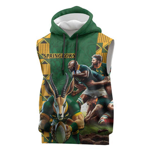 South Africa Rugby Sleeveless Hoodie - Springbok Mascot, Players Fighting for Victory - African Pride
