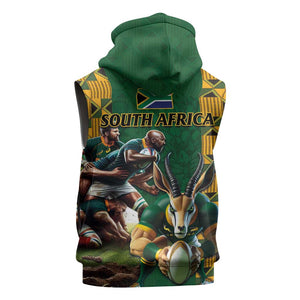 South Africa Rugby Sleeveless Hoodie - Springbok Mascot, Players Fighting for Victory - African Pride