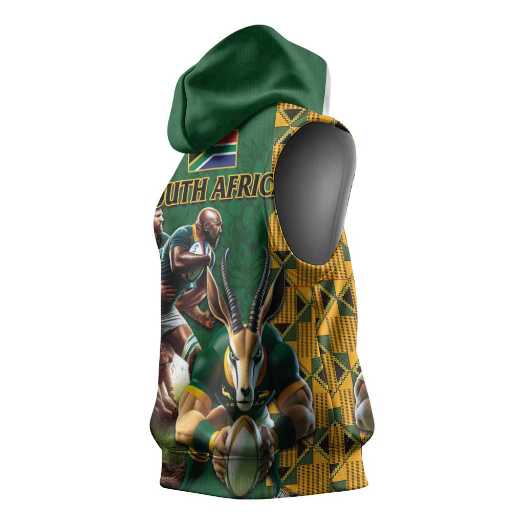 South Africa Rugby Sleeveless Hoodie - Springbok Mascot, Players Fighting for Victory - African Pride