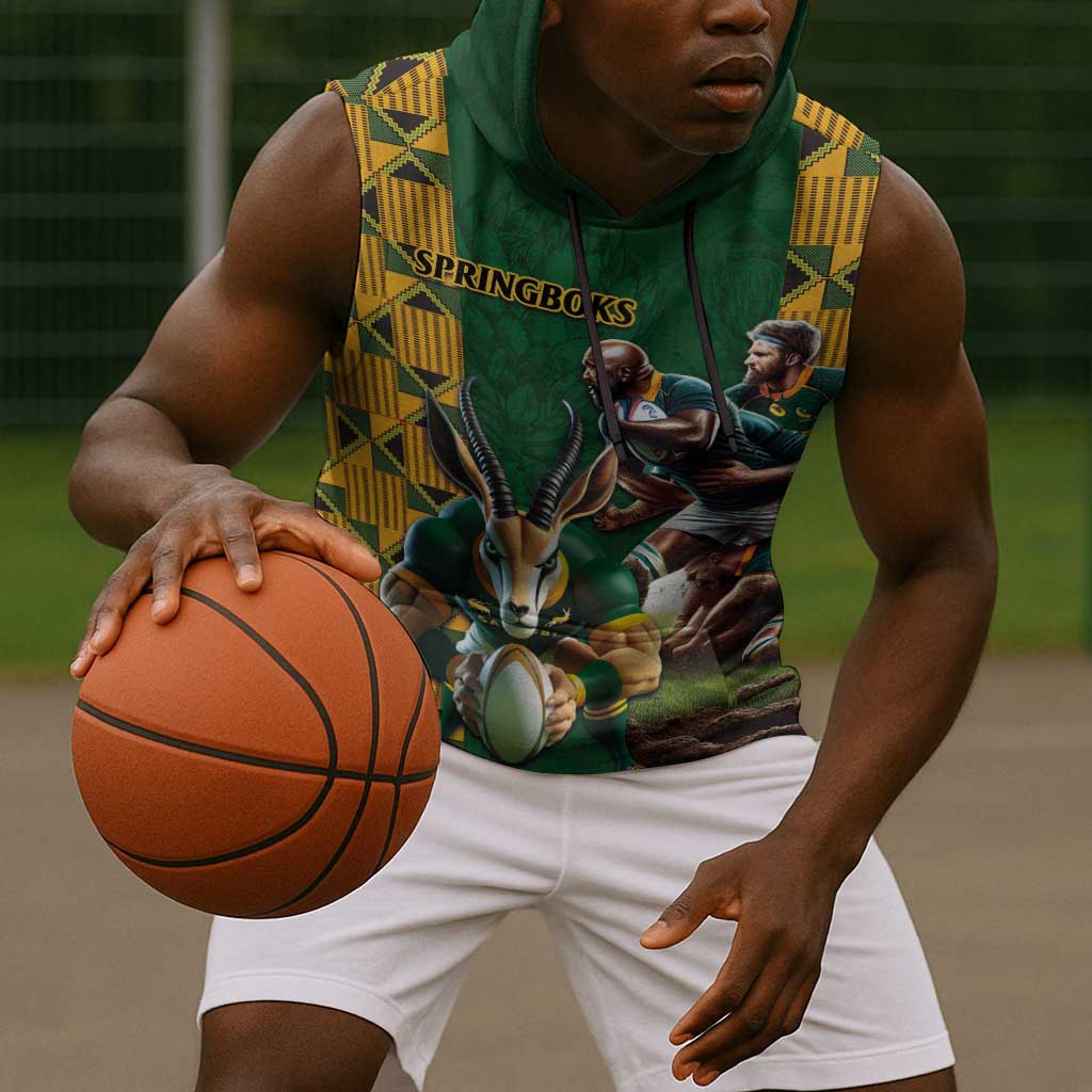 South Africa Rugby Sleeveless Hoodie - Springbok Mascot, Players Fighting for Victory - African Pride