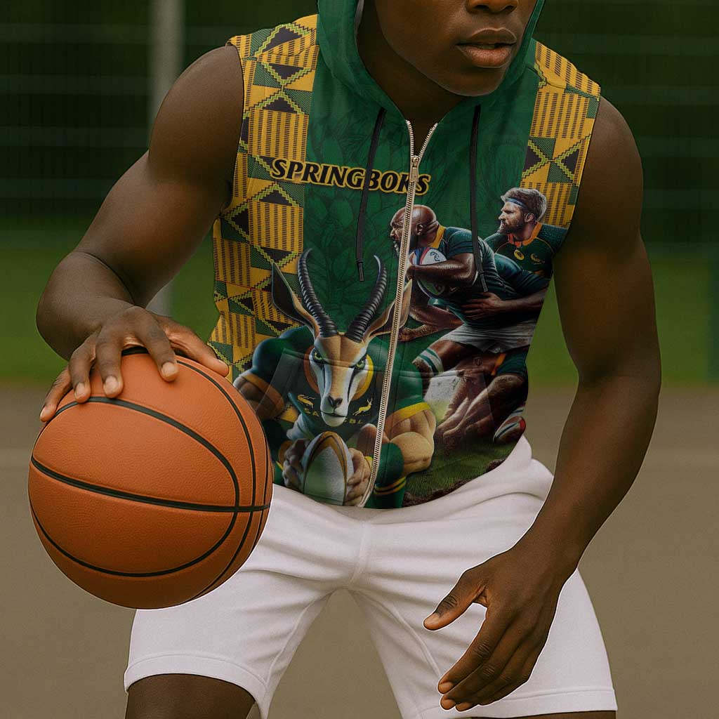 South Africa Rugby Sleeveless Zip Hoodie - Springbok Mascot, Players Fighting for Victory - African Pride
