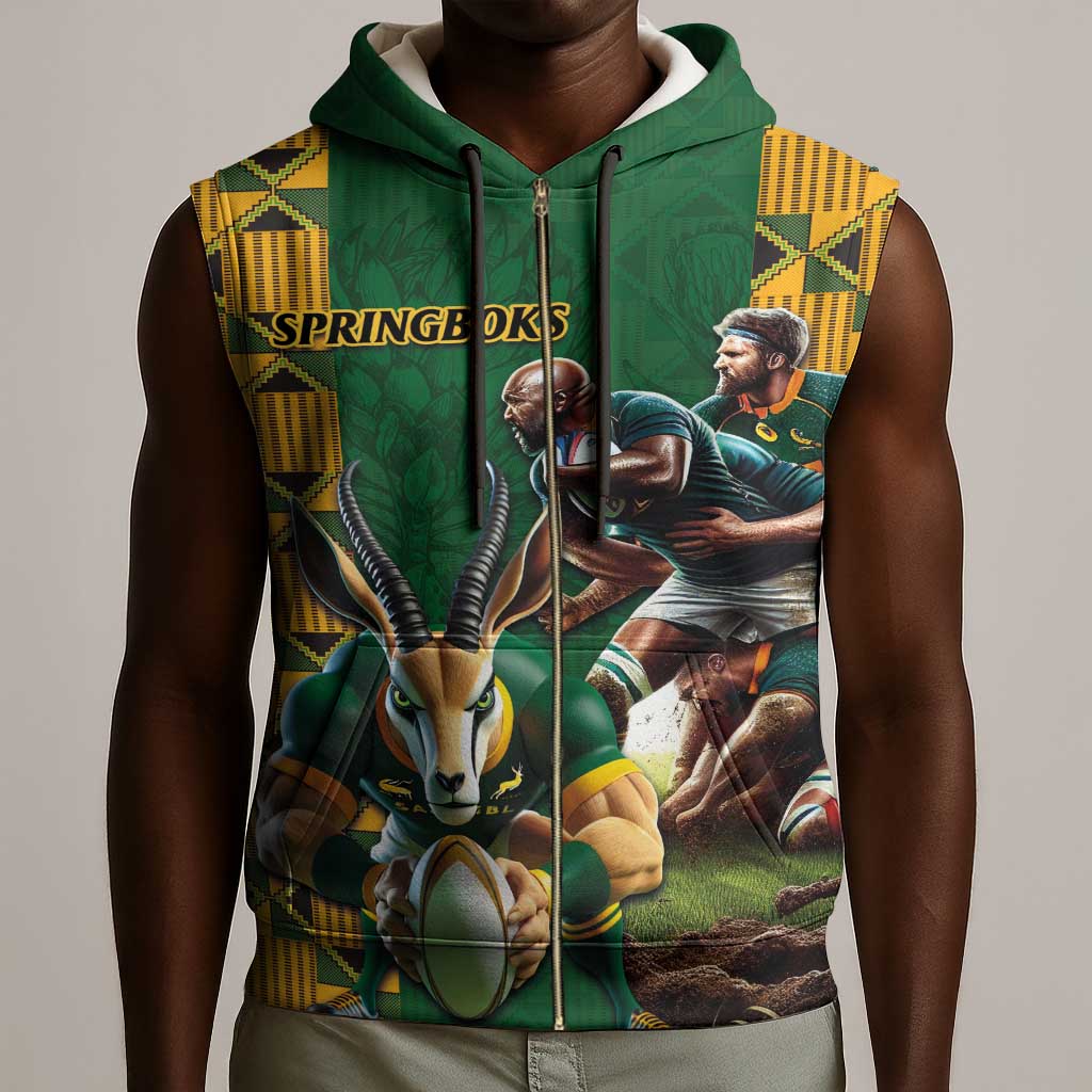 South Africa Rugby Sleeveless Zip Hoodie - Springbok Mascot, Players Fighting for Victory - African Pride