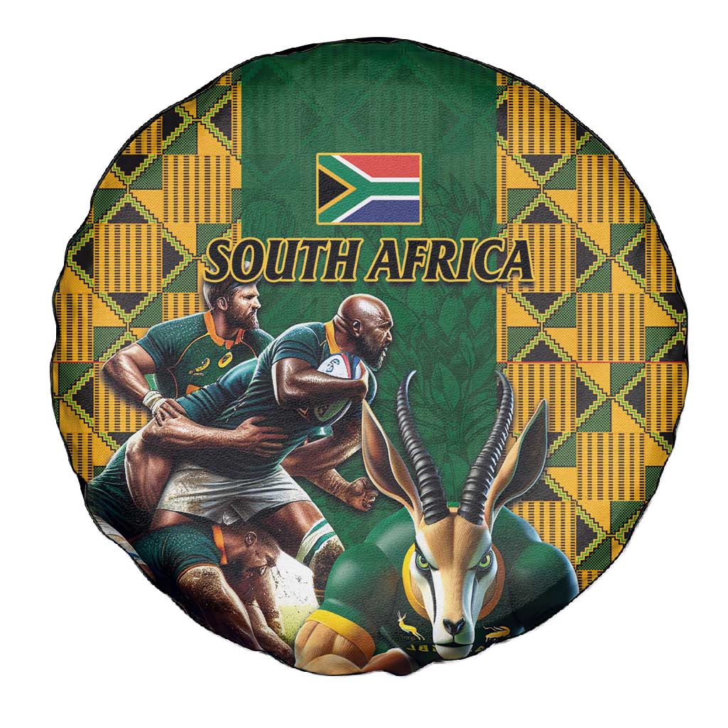 South Africa Rugby Spare Tire Cover - Springbok Mascot, Players Fighting for Victory