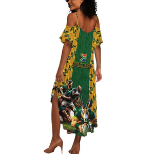 South Africa Rugby Summer Maxi Dress - Springbok Mascot, Players Fighting for Victory