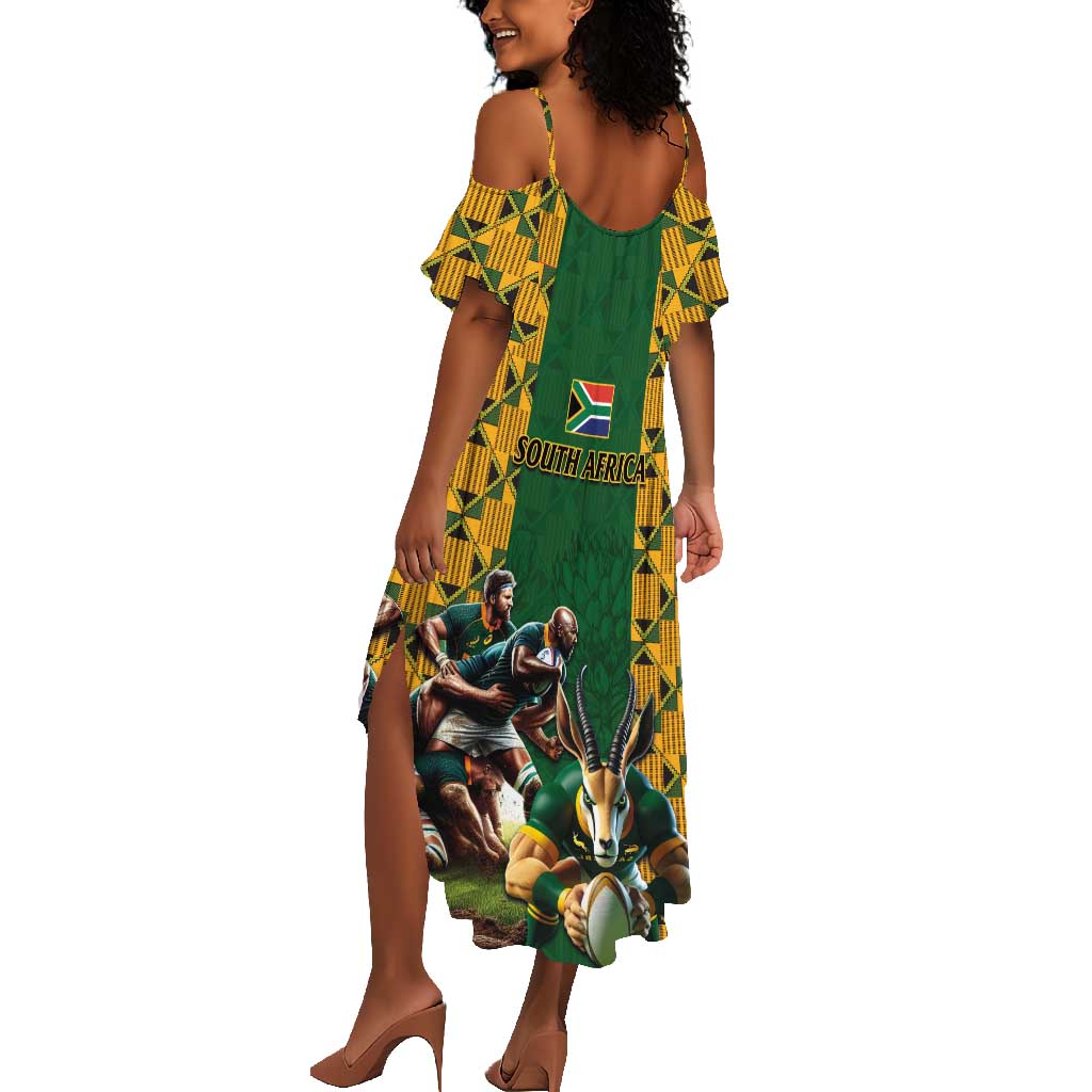 South Africa Rugby Summer Maxi Dress - Springbok Mascot, Players Fighting for Victory