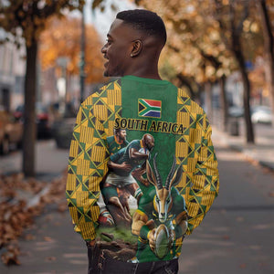 South Africa Rugby Sweatshirt - Springbok Mascot, Players Fighting for Victory