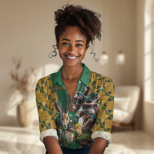 South Africa Rugby Women Casual Shirt - Springbok Mascot, Players Fighting for Victory LT03