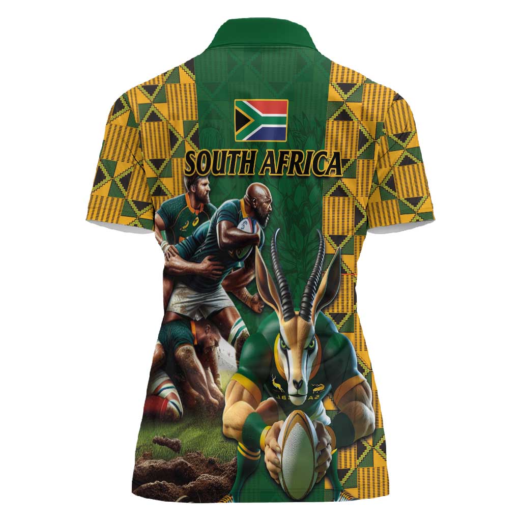 South Africa Rugby Women Polo Shirt - Springbok Mascot, Players Fighting for Victory